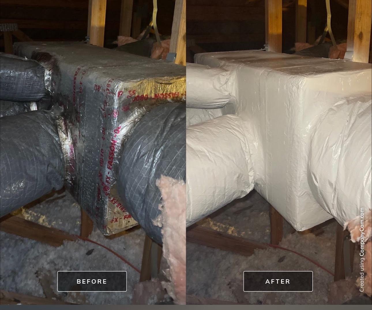 Attic HVAC mold cleanup and protective coating before and after remediation.